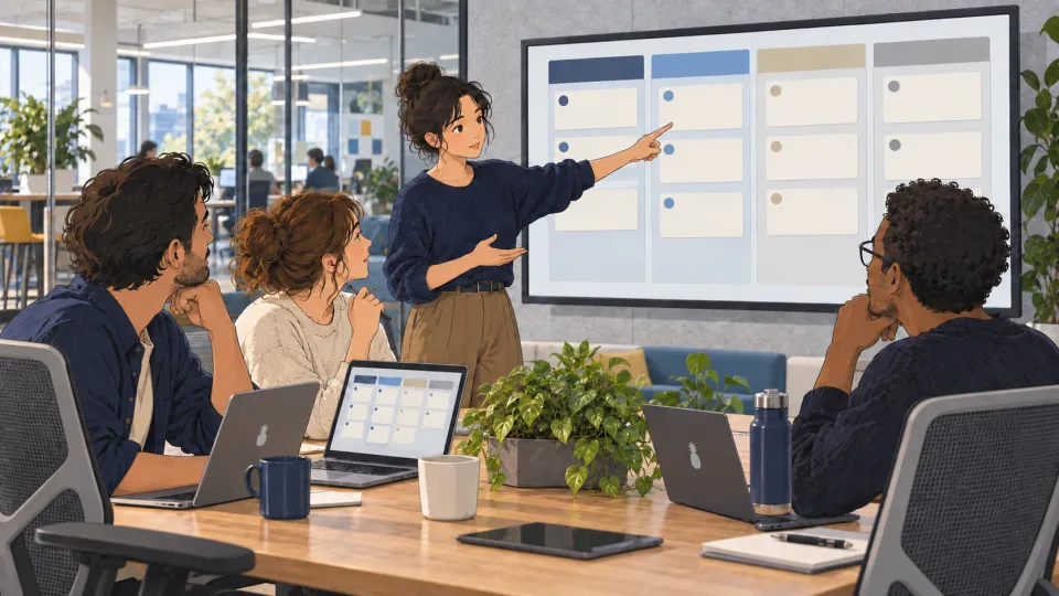 Four coworkers discuss a digital ticket board on a large display in a modern office.