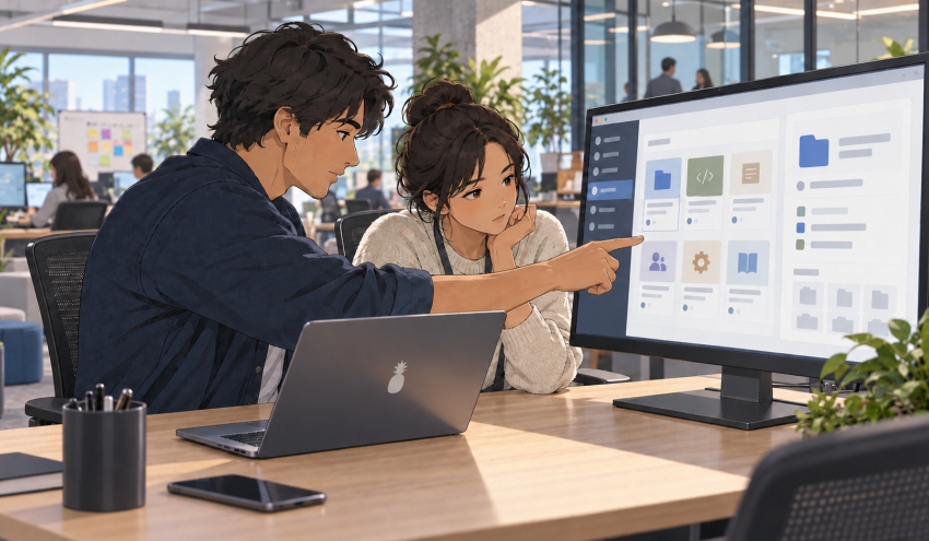Two coworkers discuss a project directory on a large display in a modern office.