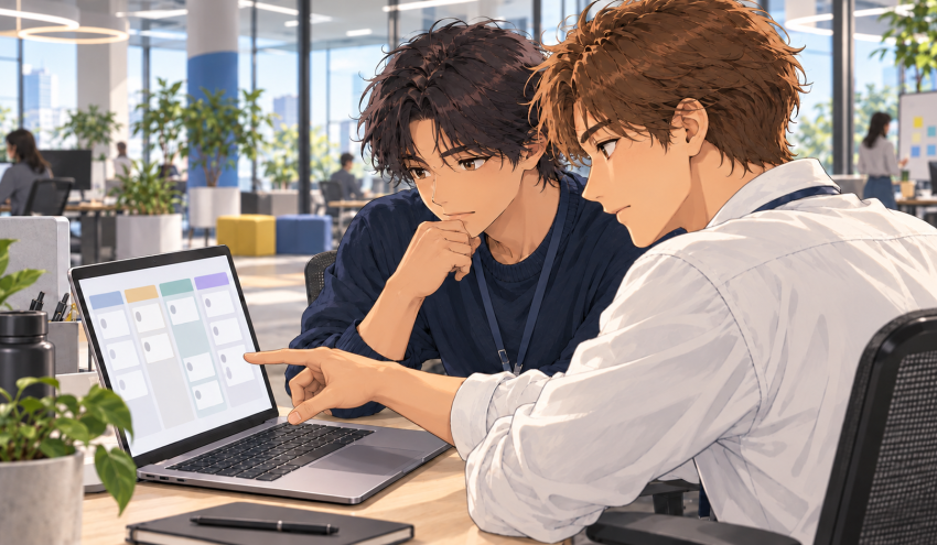 Two coworkers review a digital ticket board on a laptop in a modern office.